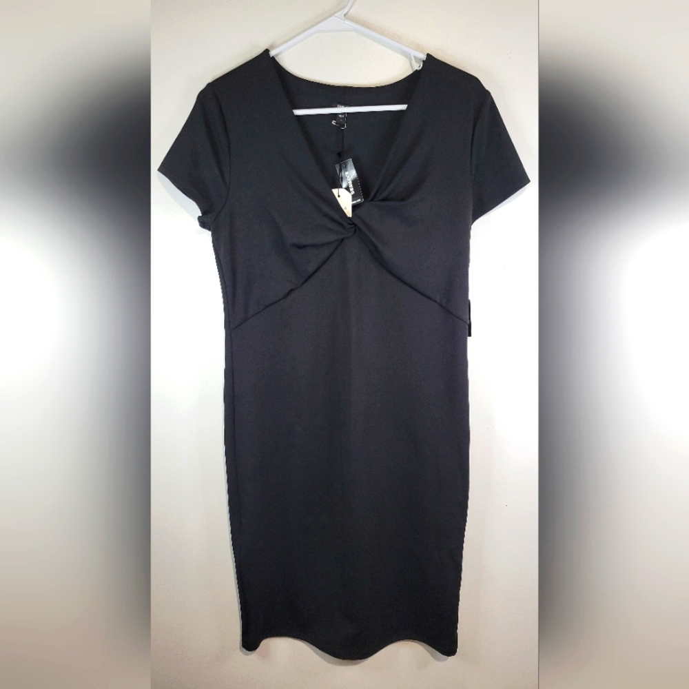 Express Womens Body Contour Short Sleeve Knot Front Sheath Dress Black Large NWT